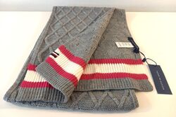 TOMMY HILFIGER - Schal Scarf grau pink weiß Strick grey warm mit Logo / NEU USA