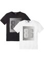 2er Pack T-Shirt Gr. 48/50 (M) Schwarz Weiß Bedruckt Herrenshirt Hemd Neu