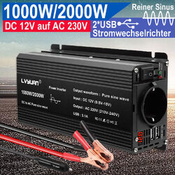 1000W/2000W Spannungswandler 12V zu 230V Reiner Sinus Wechselrichter 2USB Reisen