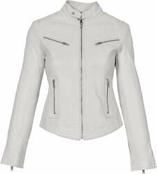 Klassisch Neu Damen Halsband Schlaufe Weiß Jacke 100% Echt Lamm Moto Bikerjacket