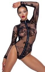 Langarm Body Schwarz  Dessous Einteiler mit Samtflockprint  Gr. S, M, L, XL