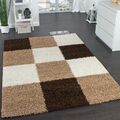 Shaggy Teppich Hochflor Langflor Gemustert in Karo Braun Beige Creme