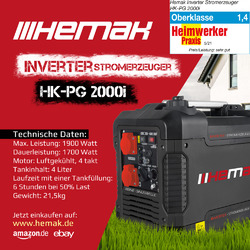 Stromerzeuger Inverter HEMAK HK-PG 2000i Tragbar 4 Takt 1900 Watt Benzin USB 2000 Silent Camping Computer Tragbar 230V 