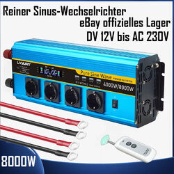 4000W 8000W Stromrichter Reiner Sinus Wandel DC12V 24V auf AC230V 4USB Werkstat