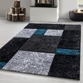 Wohnzimmer Teppich Kariert design, Schwarz, Grau, Blau, Modern Konturenschnitt