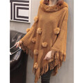 Damen Jacquard Strick Poncho Mantel Umhang Kunstpelz Kragen Schal Bommel Quasten