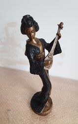 Bronze Skulptur, vintage japanische Geisha große Statue mit Laute, H 43 cm 