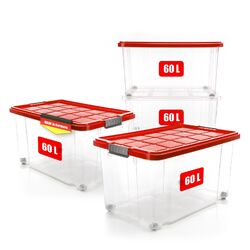 4x 60 L Aufbewahrungsbox mit Deckel Stapelbox groß rot stapelbare rollbare Box