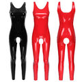 Damen Wetlook Jumpsuit Leder-Optik Bodysuit Overall mit Reißverschluss Catsuit