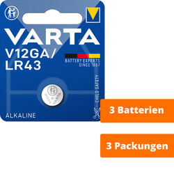 3 x Varta V12GA LR43 AG12 12GA 386 LR1142 Knopfzelle 1.5 V Alkaline Batterie NEU