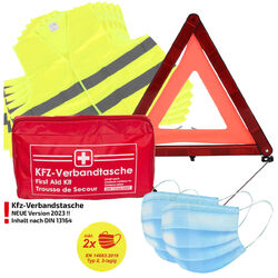 Verbandtasche Erste-Hilfe DIN13164 MHD 08.2028 + 5x Warnweste GELB + Warndreieck220x135x65mm | inkl. 2 Schutzmasken = DIN13164-2022