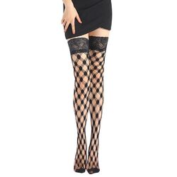 Women Sexy Fishnet Thigh High Stockings with Silicone Lace Top Long Socks