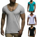 Herren Kurzärmlig V Ausschnitt Top Freizeit Einfarbig Slim Fit Muskel T-Shirt #Q