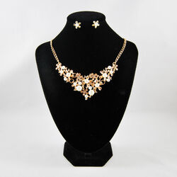 Schmuck-Set Perlencollier Perlen Strass Creme Collier Perlenkette Gold Blüten