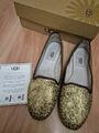 UGG Damen Ballerina Gr. 38 mit Fell in Farbe gold-grau mit Leopardenmuster