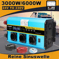 3000W 6000W Reiner Sinus Spannungswandler 24V auf 230V Wechselrichter 4USB LCD