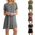 Damen Sommer Kleid T SHIRT Kleid Einfarbig Lang Rundhalsausschnitt Mini Basic