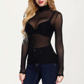 Damen Transparent Mesh Tops Oberteile Rollkragen Langarm T-Shirt Sexy Unterhemd