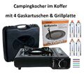 Gaskocher Campingkocher im Koffer mit Piezozündung+4 Gaskartuschen + Grillplatte