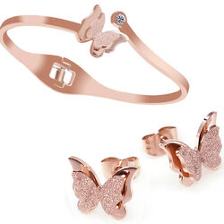 SCHMUCKSET SCHMETTERLING ANHÄNGER ROSE GOLD HALSKETTE OHRRINGE EDELSTAHL KETTE