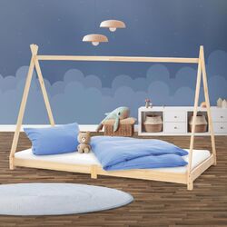 Kinderbett Kinderhaus 90x200 cm Natur Holzbett Lattenrost Indianer Bett Hausbett