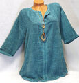 Italy Bluse Tunika Leinen Optik Damen Longbluse Oversize Hemd Petrol 46 48 50