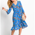 Wickelkleid mit Volant 3/4 Arm in blau geblümt Gr. 36