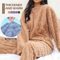 Damen Fraue Winter Fleece Kuschelig Flauschig Warm Weich Pyjama Schlafanzug Set