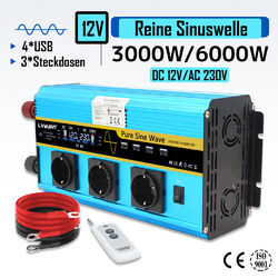 2000W 8000W Reiner Sinus Spannungswandler DC12V 24V AC 230V Wechselrichter 4USB 