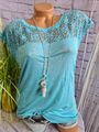 AJC Bluse Shirt Tunika Blau Türkis Ton Spitze Kurzarm Gr. 36 bis 42 (2 719) NEU