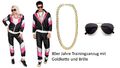 Set Schwarzer 80er Jahre Lederlook Trainingsanzug - Gr. S bis 2XL - inkl. Brille