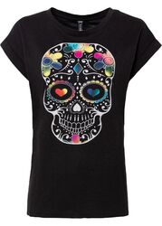 T-Shirt mit Totenkopf-Druck Gr. 36/38 Schwarz Damen Kurzarmshirt Top Neu