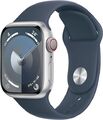 Apple Watch Series 9 41 mm Aluminiumgehäuse silber am Sportarmband S/M sturmblau