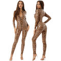 Damen Sexy Catsuit Overall Einteiler Jumpsuit Leoparden Zipper Glänzend Clubwear