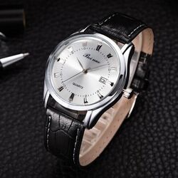 HERREN LUXUS ARMBANDUHR LEDER EDELSTAHL SILBER QUARZUHR UHR UHREN SCHMUCK NEU