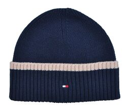 TOMMY HILFIGER - STRICKMÜTZE FLAG BEANIE - BAUMWOLLE KASCHMIR - BLAU - NEU