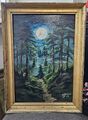 Vollmond,Waldweg, Acryl,Bild ,Malerei Kunst UNIKAT HANDGEMALT,Antiker RAHMEN.