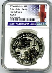 2024 S2£ GREAT BRITAIN 1OZ SILVER NGC MS69 BRITANNIA & LIBERTY FIRST RELEASES