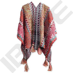 Damen Ethnisch Umhang Cape Strick Poncho Wrap Schal V-Ausschnitt Quasten Rainbow