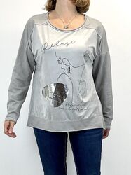 Damen Italy Neu Longsleeve Jersey Langarmshirt Rundhals Sweatshirt Silber Print