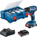 BOSCH Akku-Bohrschrauber GSR 18V-45 | 18 Volt 2x Aku 2,0 Ah 82tlg, Zubehör-Set i