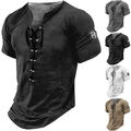 Herren Kurzarm T-Shirt Tops V-Neck Leinen Hemd Vintage Bluse Oberteile Baumwolle