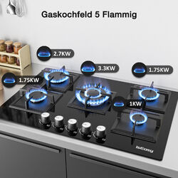 77cm Gaskochfeld 5 Flammen Glaskeramik Gasherd Glas Einbauherd Erdgas Propangas 