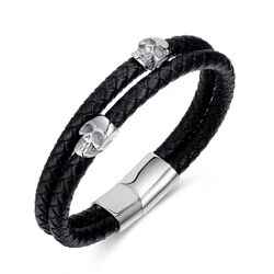 Armband Herren Leder Kunststoff Schwarz Silber Schädel Geflecht Starr 280316