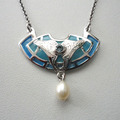 Aquamarin Perle Emaille Collier Art Nouveau Jugendstil Tracht Retro Silber 925/-