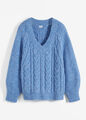 Pullover mit Zopfmuster Gr. 44/46 Blau Meliert Damen Langarm-Pulli Sweater Neu