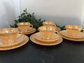 5er Set VINTAGE Anker Hocking Fire King Pfirsich Glanz Tasse & Untertasse Set + Teller