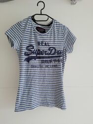 SuperDry Damen T-Shirt, Größe XS, Blau/Weiß, Wie Neu