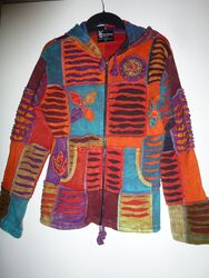 Kanchan Krafts Nepal Jacke Zipfel-Kapuze bunt goa hippie Gr. S / 38 - wie neu