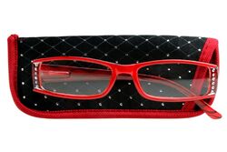 Designer Lesebrille für Damen rot glänzend mit Strasssteinen Federscharnier Etui